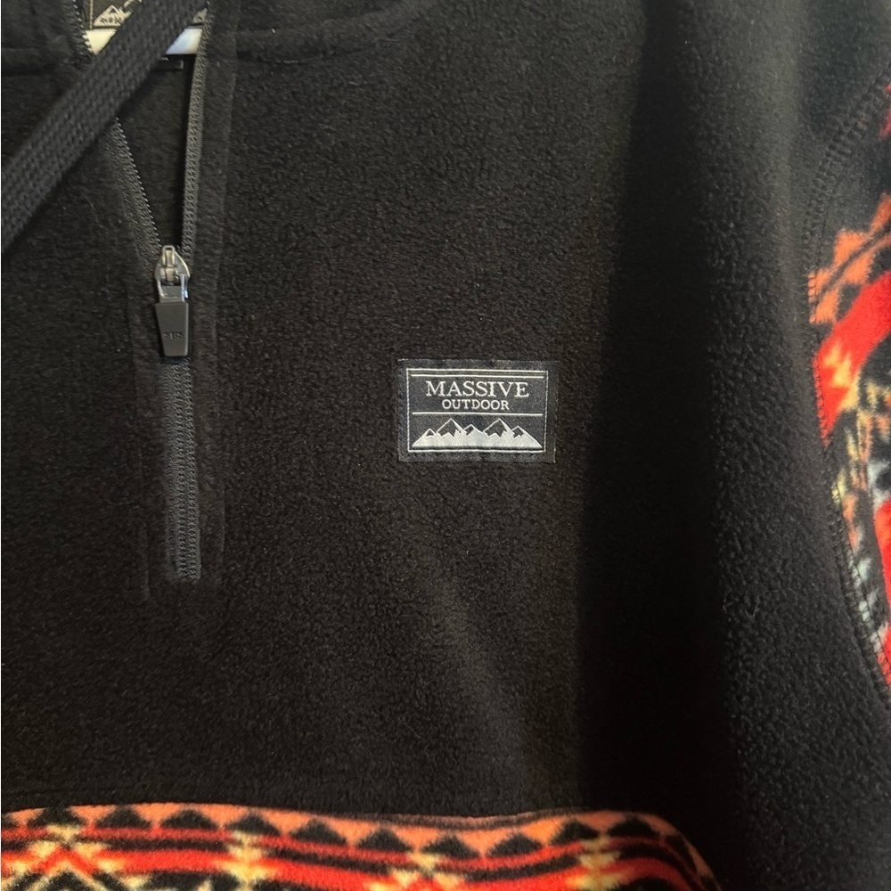 Super Massive Outdoor Aztec Black and Red Patterned Fleece Pullover Sweater - Picture 2 of 10